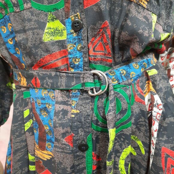 Vintage 80s African Tribal Print Belted Shirt Dress Size S Midi With Pockets - Picture 5 of 12
